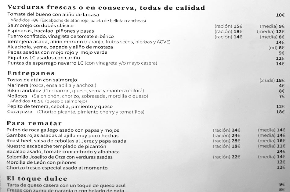 Tabanco La Santa Madrid carta