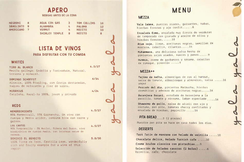 Carta con precios Yala Yala