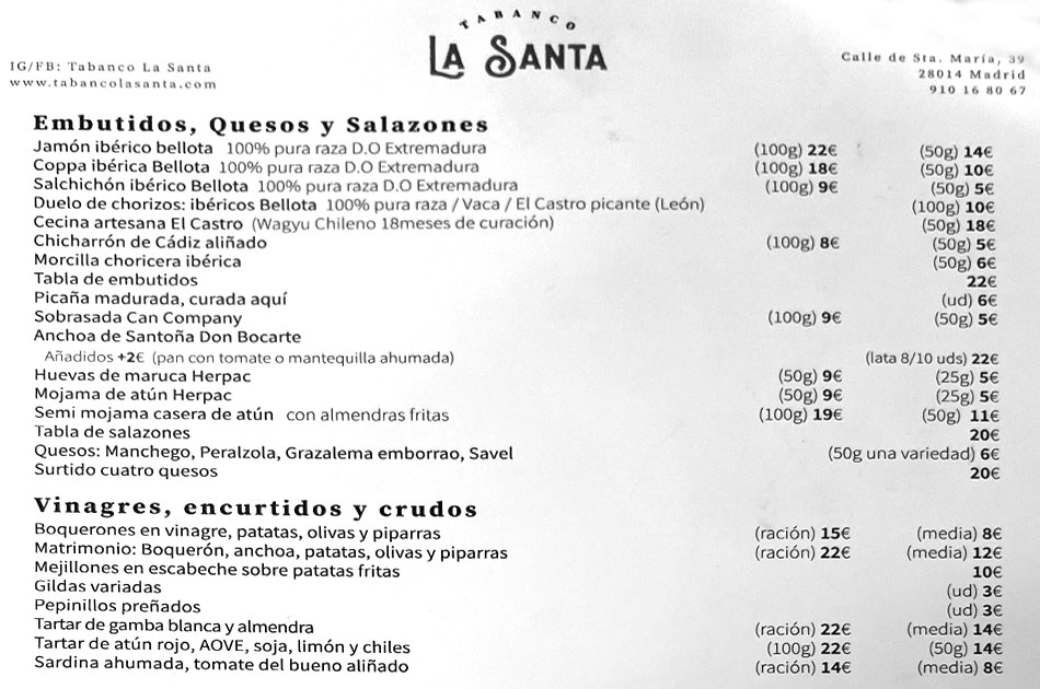 Tabanco La Santa Madrid carta