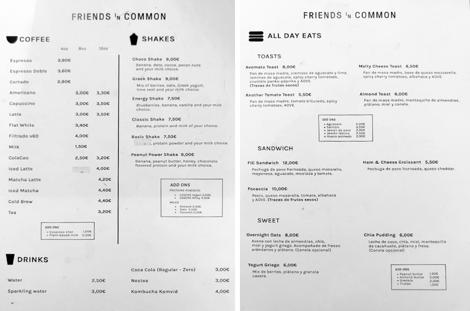 Friends in Common Cafeteria Carta Friends in Common Cafeteria Carta