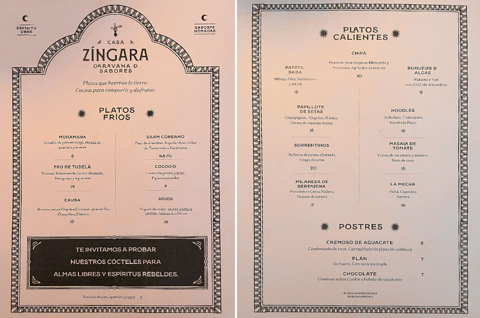 Restaurante Zíngara Madrid carta