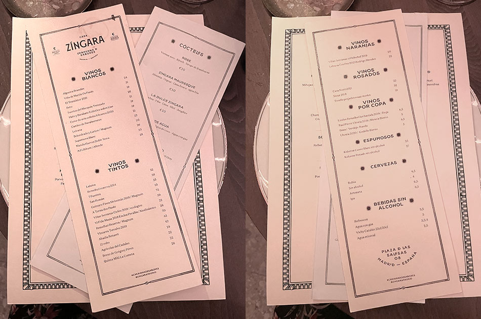 Restaurante Zíngara Madrid carta